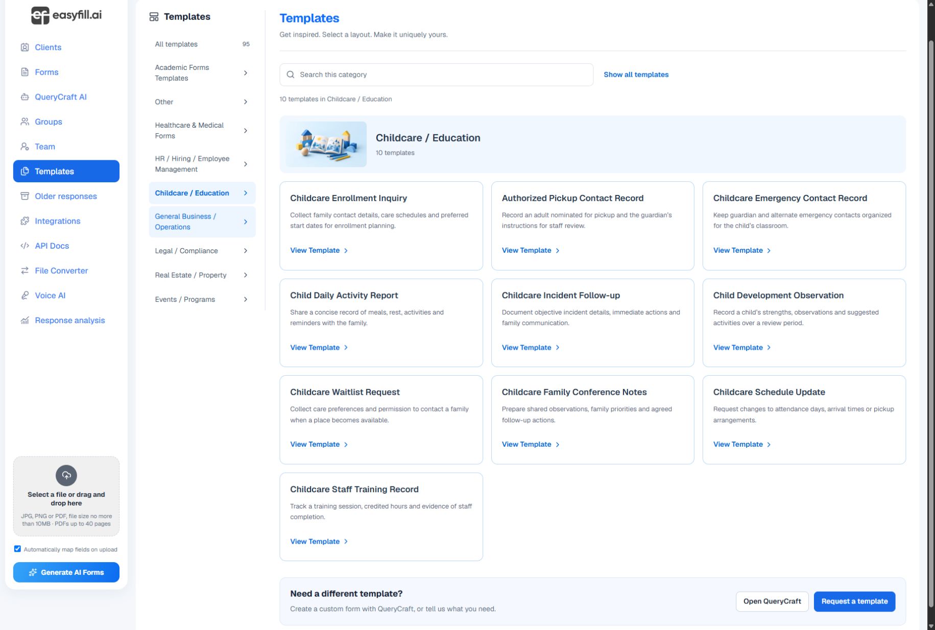 Childcare in the EasyFill demo workspace