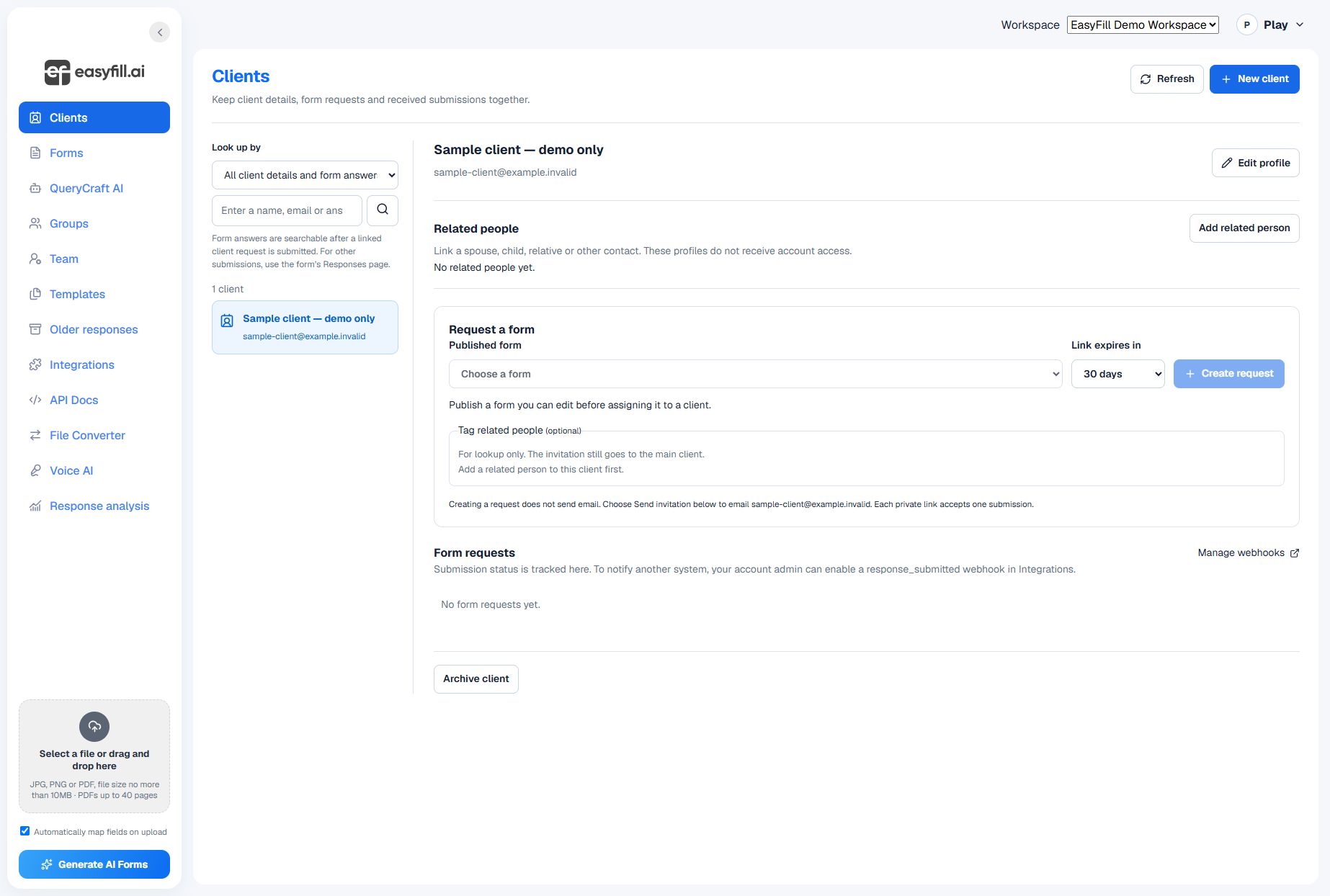 EasyFill client management screen in a fictional demo workspace