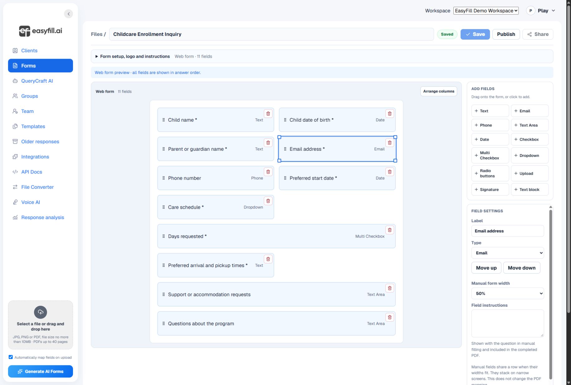 Actual EasyFill editor: demo enrollment form with an email field selected