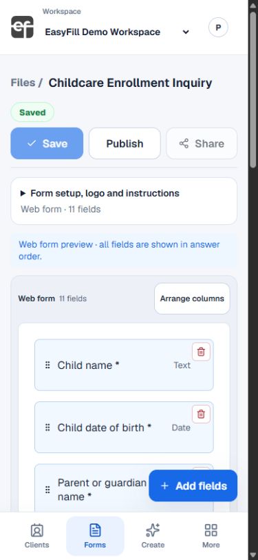 Actual EasyFill editor at phone width, showing the demo enrollment form