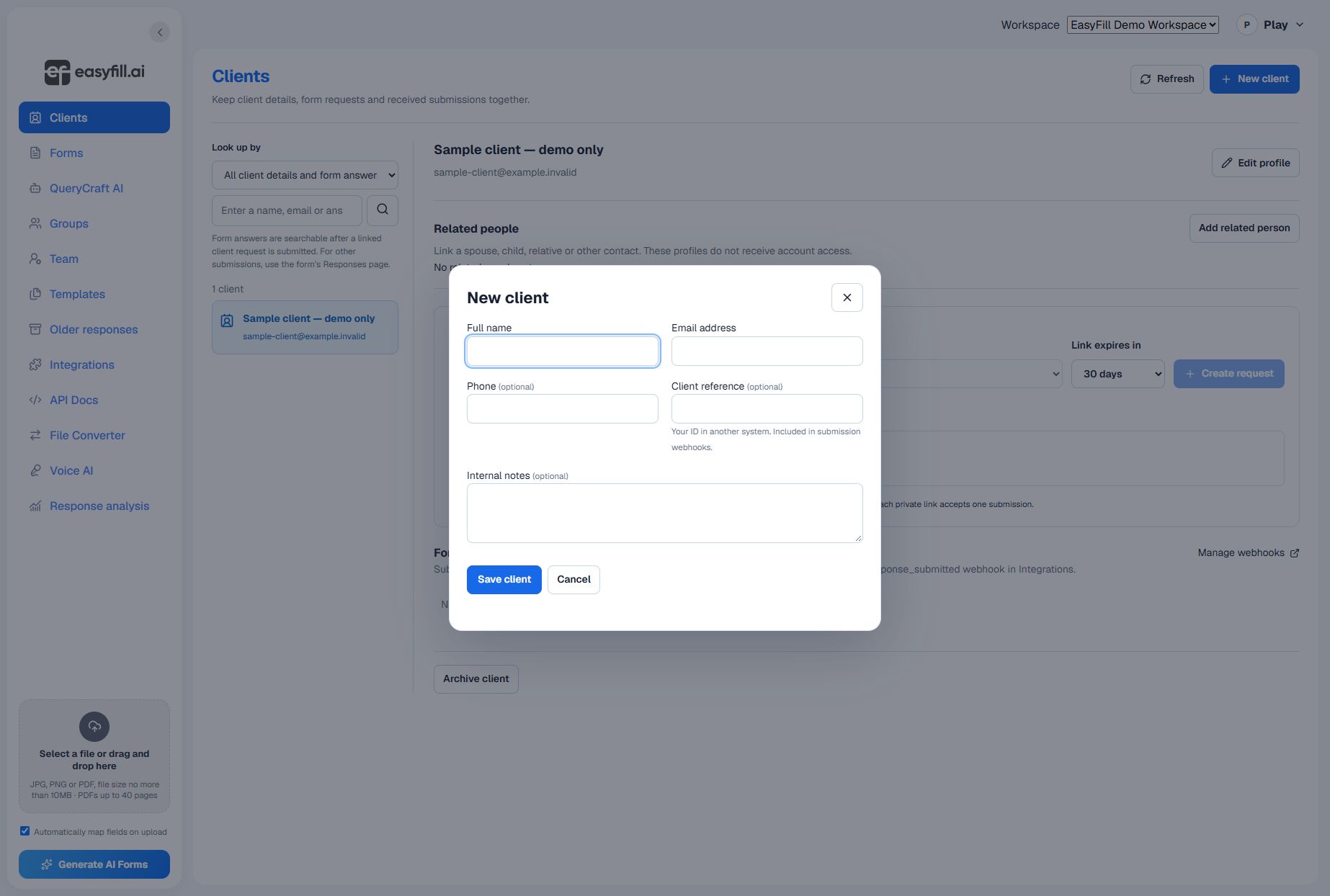Business intake in the EasyFill demo workspace